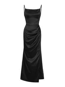 Vellofy Women's Solid Color Satin Midi Dress, Spaghetti Strap Cowl Neck Ruched High Slit Bodycon Dress, Suitable For Wedding Guest And Party - Matte Black - View 4