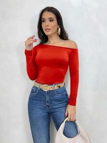 Women's Minimalist Asymmetric Shoulder Long Sleeve Slim Fit T-Shirt Top, Daily Wear, Fall/Winter - 紅色 - 查看 2