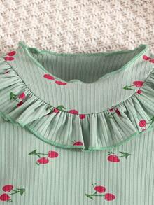 2pcs Baby Girls' Sweet Cute Cherry Pattern Ribbed Crew Neck Long Sleeve Top And Pants Set, Casual Comfortable Suitable For Daily Wear, Indoor/Outdoor, Spring, Summer, Autumn, Winter, Daily, Sports, Play, Party, Photo Shoot, Holiday, Festival And Other Occasions - Mint Green - View 3