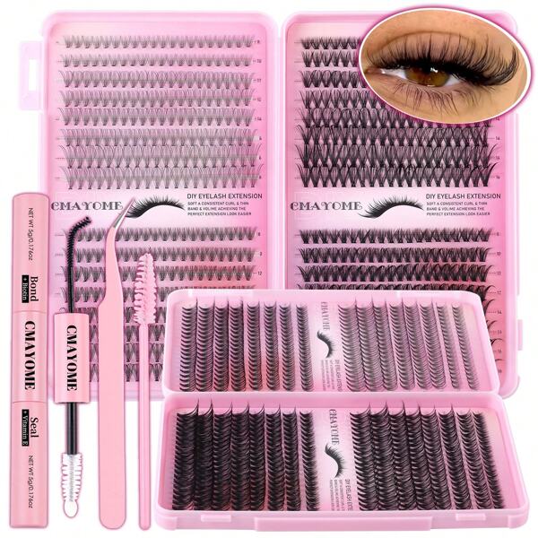 640PCS Premium Mixed 10D-100D False Eyelash Kit With Glue, Tweezers & Brush - Easy DIY For Beginners, Natural & Fluffy Styles, D Curl, Reusable, Cat Eye & Cluster Look, Lengths 10-18mm