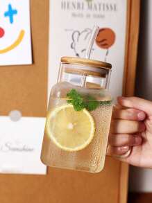 1pc Square Glass Cup With Handle, Glass Cup With Bamboo Lid And Glass Straw, Transparent Beverage Cup, Iced Coffee Cup, Beverage Can, Juice Wide Mouthed Cup, Tea, Milkshake, Reusable Tableware, For Home And Office Use, Adult, Male And Female Gifts