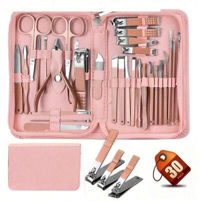 30-Piece Classic Manicure & Pedicure Set With Stainless Steel Nail Clippers, Cuticle Nippers, Tweezers, Nail File, Concave Blade Edge - Unscented Hand, Foot, Facial Care Tools In PU Leather Case