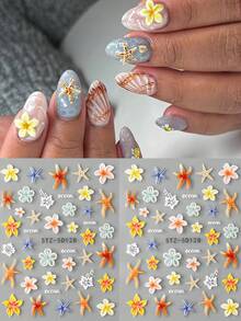 Ocean Life 5D Embossed Nail Art Stickers Decals, 2 Sheets Starfish Seashell Jellyfish Hibiscus Flowers Self Adhesive Nail Decals Summer Sea Theme Nail Supplies For Women Girls DIY Manicure Decor - Multicolor - View 3