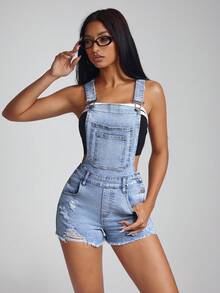 Jeanoix 破洞下摆牛仔背带裤（不含抹胸） - 淺色水洗藍 - 查看 3