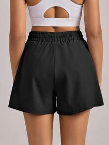 VUTRU 1 件套弹性腰短裤，带口袋，轻便，适合瑜伽工作室健身房夏季 - 黑色 - 查看 2