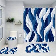 1/3/4 Stück blaues & marineblau gestreiftes Duschvorhang Set, graues & weißes Duschvorhang Set, modernes abstraktes Duschvorhang Set, Badematte, U-förmige Badematte und Toilettendeckel, Heimdekoration Duschvorhang mit 12 Haken, geeignet für Bad & Raumdekoration, ideales Feriengeschenk Badezimmer Accessoires für den Schulstart