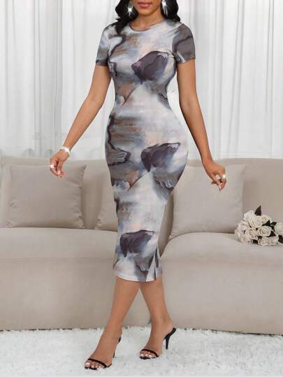 SHEIN Lady Elegant Women's Round Neck Tie Dye Print Slim Fit Hip Package Slit Dress