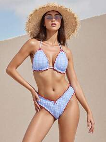 Alyweatry Women Y2K Bikinis Sets Coquette Aesthetic Bows Halter Tie Up Bikini Top High Cut Elastic Waist Bikini Bottom - 藍色格子 - 查看 3