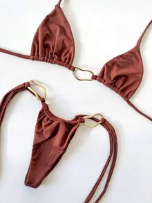 String Bikini With Tie - Polyamide Ribbon Marking With Premium Gold Rings Elegant Contrast Drawstring Beach Holidays - 白色 - 查看 5