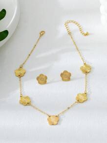 1 Stück modische klassische goldfarbene strukturierte Glücksklee Anhänger Halskette & 1 Paar Ohrringe Schmuckset, romantisches Hochzeits-/Heiratsantrag Geschenk, geeignet für Verlobung/Dates/Alltagstragen, luxuriöses Damen Accessoire, Freundin/Geburtstags Geschenk