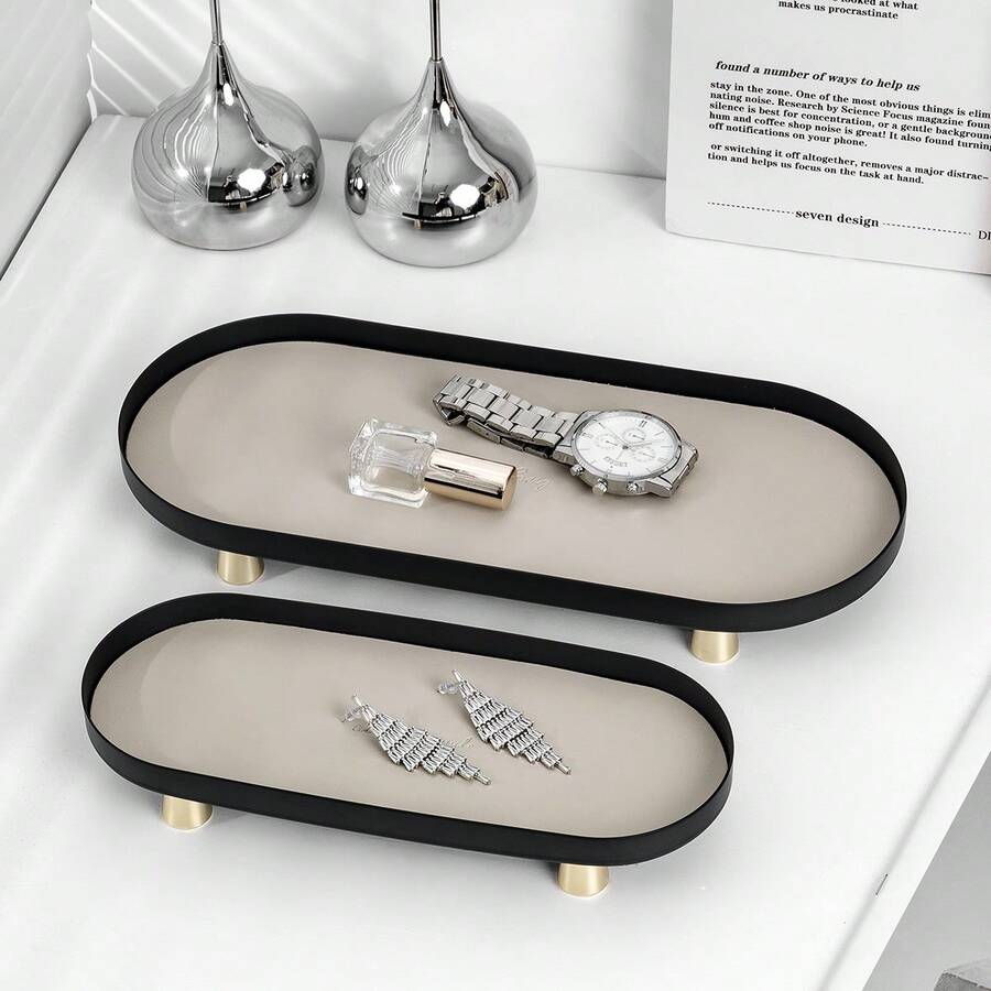 Stylish Nordic Oval Tray With Metal Feet & Leather Cushion – Versatile Bathroom/Kitchen Storage Organizer For Cosmetics, Jewelry & Decor | 3 Sizes (L/M/S) & 3 Colors (Beige/Brown/Dark Green) – Perfect For Home, Hotel, Party & Holiday Use - Multicolor - View 1