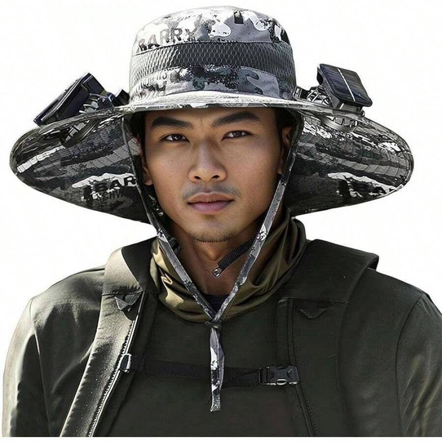 Wide Brim Solar Fan Outdoor Fishing Hat, Solar&USB Charging Sunscreen Sun Hat For Men Women, Sun Hat UPF 50+ With 2 Fans - 迷彩D - 查看 1