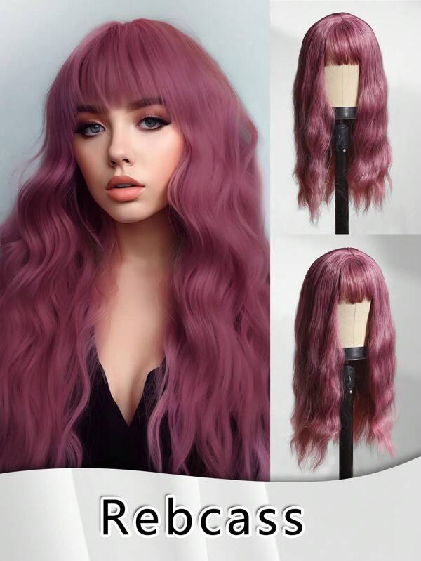 Peluca con flequillo de fibra sintética resistente al calor, cabello rizado rosa de 22 pulgadas, totalmente fabricada a máquina para fiestas cotidianas. Peluca de mujer de alta calidad, natural y hermosa, adecuada para usar. Peluca sintética suave de alta calidad