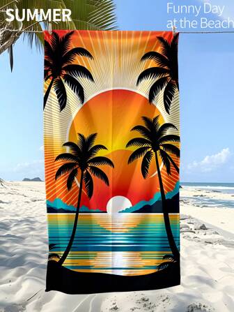 1pc Towel Printed With The Beach Sunset Coconut Tree Pattern - Soft, Lightweight, Sand-Resistant, Superabsorbent Microfiber Material For Traveling, Swimming, Surfing, Yoga, Camping And Beach/Yoga Accessories | Brightly Colored Beach Towels | Light Towels, Beach Mats, Bathroom Decoration For Summer Vacations