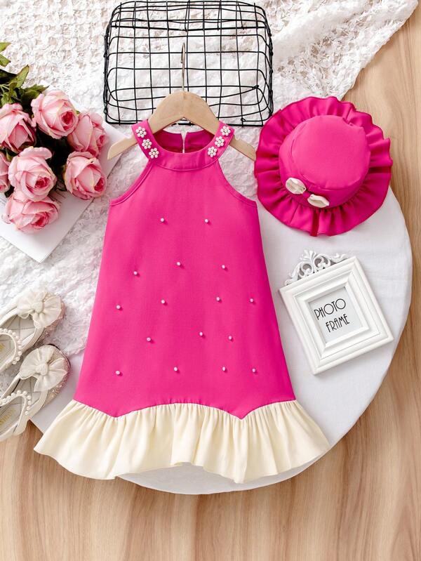 Girls' Elegant French Style Little Black Dress With Delicate Pearl Embellishment And Ruffle Hem, Exuding Sophisticated Charm. Includes Matching Black Beret Cap To Add Retro Chic Touch. Perfect For Birthday Parties, Formal Occasions Or Photo Ops, An Ideal Choice For Little Princesses!