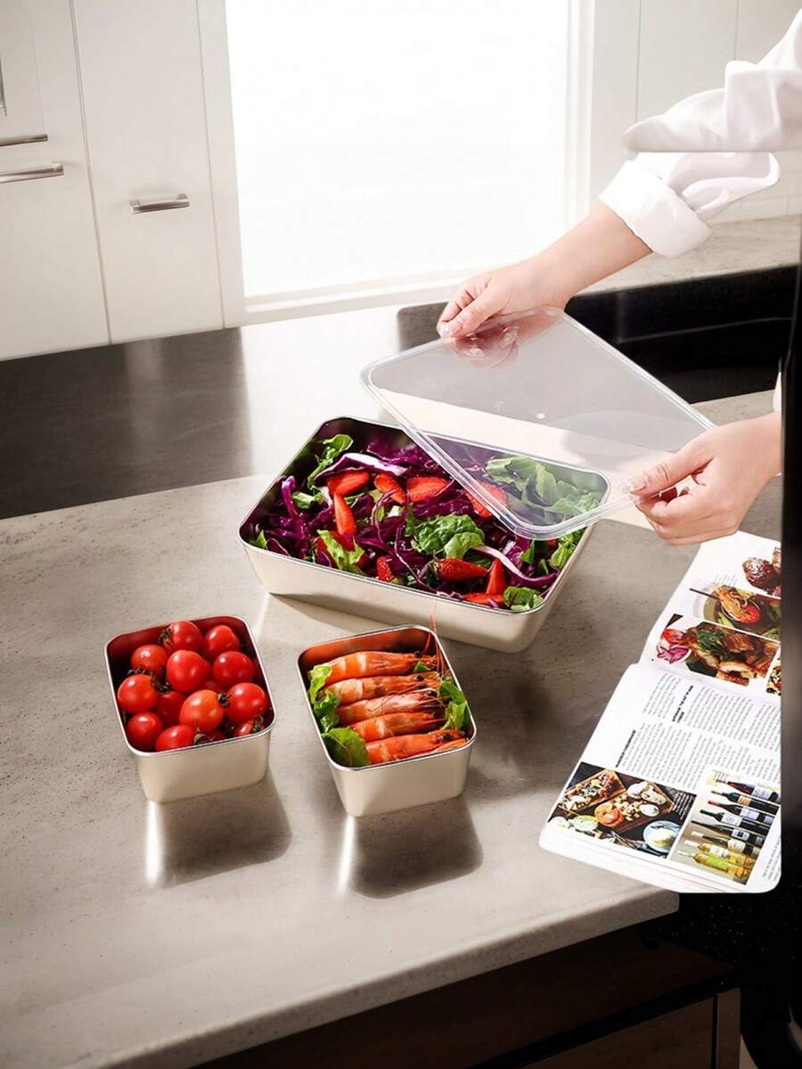 5 Piece Stainless Steel Food Storage Set With Clear Lid, Large Square Container For Meat, Fruits And Vegetables, For Camping, Outdoor And Home Use, Stackable Kitchen Organizer - Multicolor - View 1