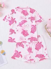 2pcs Kid's Pajama Set, New Summer Short Sleeve Casual Open Cardigan Washable Blue Turtle Print Boys & Girls Wear-Resistant Sleepwear Suit - Pink - View 2