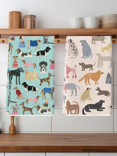 2 Pcs Dog Charming Kitchen Dish Towels And Car Towels With Bright Unique Patterns For Kitchen, Car, Bathroom And Hotel Decoration