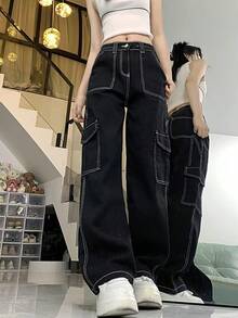 Vaqueros de cintura alta con pernera ancha y diseño de costuras visibles al estilo americano. Nuevo modelo de primavera-verano para mujer, con múltiples bolsillos, holgados y versátiles, perfectos para combinar con cualquier prenda. - Negro - Ver 3