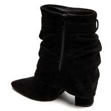 Women's Solid Color Pointed Toe Zipper Mid-Calf Boots With Buckle - Black - View 4