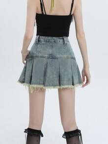 YEAE | YKK 复古蓝高腰百褶 A 字裙 - 淺色水洗藍 - 查看 3