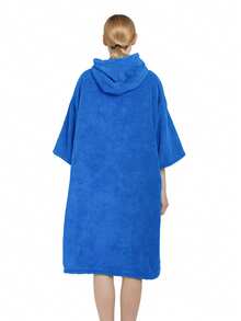 1pc Thick, Ultra-Fine Fiber, Warm, Absorbent & Soft Solid Color Embroidered Hooded Robe, Suitable For Home, Swimming, Fitness, Travel, Beaches, Surfing Back To School - Blue - View 2