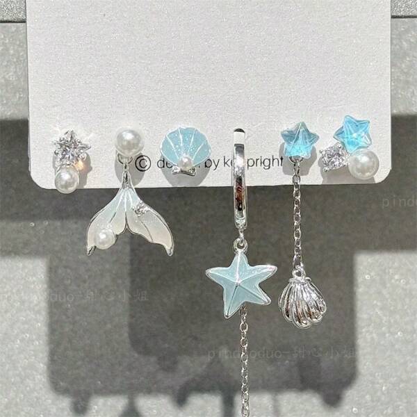 6pcs Mermaid Princess! Cooling Mermaid Tail & Seashell Design Blue Tone Earrings, Summer Vibes Ear Studs