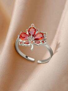 Gift Box Set Luxury Ruby Maple Leaf Shaped Open Band Ring, Sparkling Cubic Jewelry Suitable For Women, Engagement, Party, Festival Gift