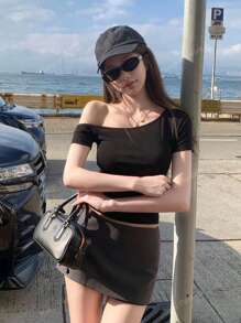 Women's Sexy Asymmetrical Neck Short Sleeve Fitted Crop Top