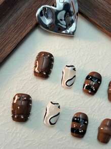 Adicione um toque romântico com 10 unhas postiças quadradas curtas, novas, com linhas marrons não padronizadas combinadas com cores nuas, decoração tridimensional para uso europeu, kit completo de unhas acrílicas falsas, adequado para mulheres e garotas, bem como casamentos, e 1 Peça Lixa de unha mini e 1 Peça Folha de adesivos