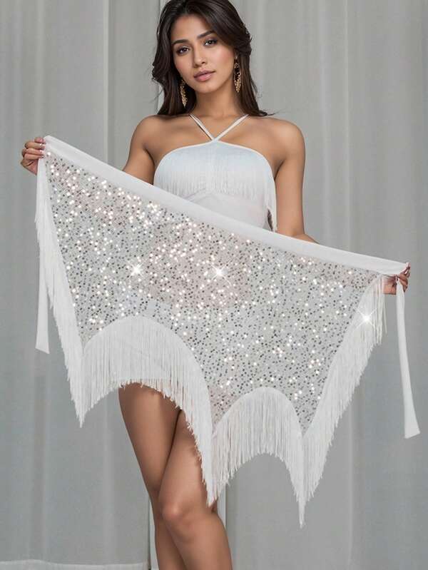 1 Stück sexy asymmetrischer Wellen-Quasten-Glitzer-Pailletten-Hüftrock für Bauchtanz-Aufführungen für Frauen