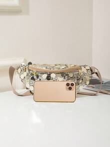 1 件绗缝拉链封口 PVC 亮片腰包/胸包，时尚女性外出、度假、旅行、聚会和宴会