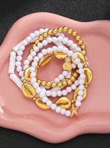 6pcs/Set Ocean Theme Metal Shell & Starfish Beaded Bracelet Set, Suitable For Women Beach Holiday Everyday Matching Jewelry, Birthday/Friendship Gift
