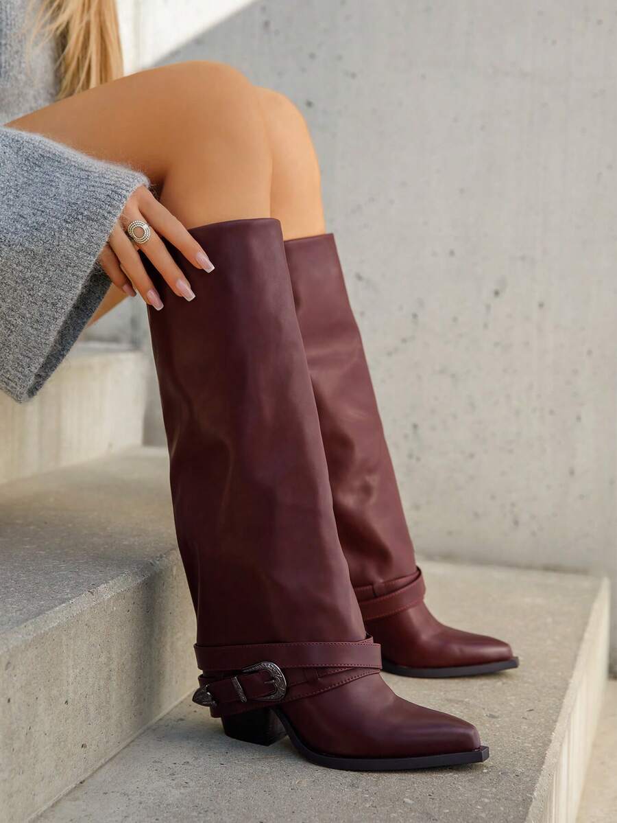 Women's Plain Pointed Toe Zipper Fashion Mid-Calf Boots With Buckle - Burgundy - View 1