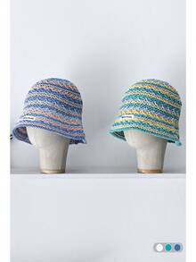 1 件装复古双色条纹草编渔夫帽，百搭女士紧凑型渔夫帽 - 彩色 - 查看 4