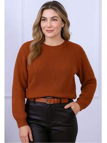 Blusa Feminina Tricot Canelado Manga Longa Gola Redonda  Simples  Casual    Malhado - Castanho - Visão 1