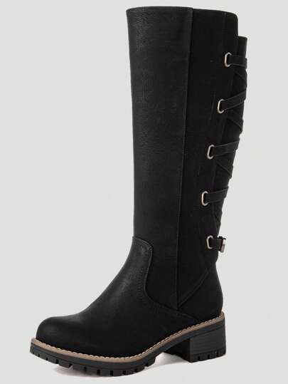 GLOBALWIN Women's Strappy Motorcycle Riding Boots Back Lace Up Winter Fashion Knee High Boots For Women Fall Boots Halloween Season