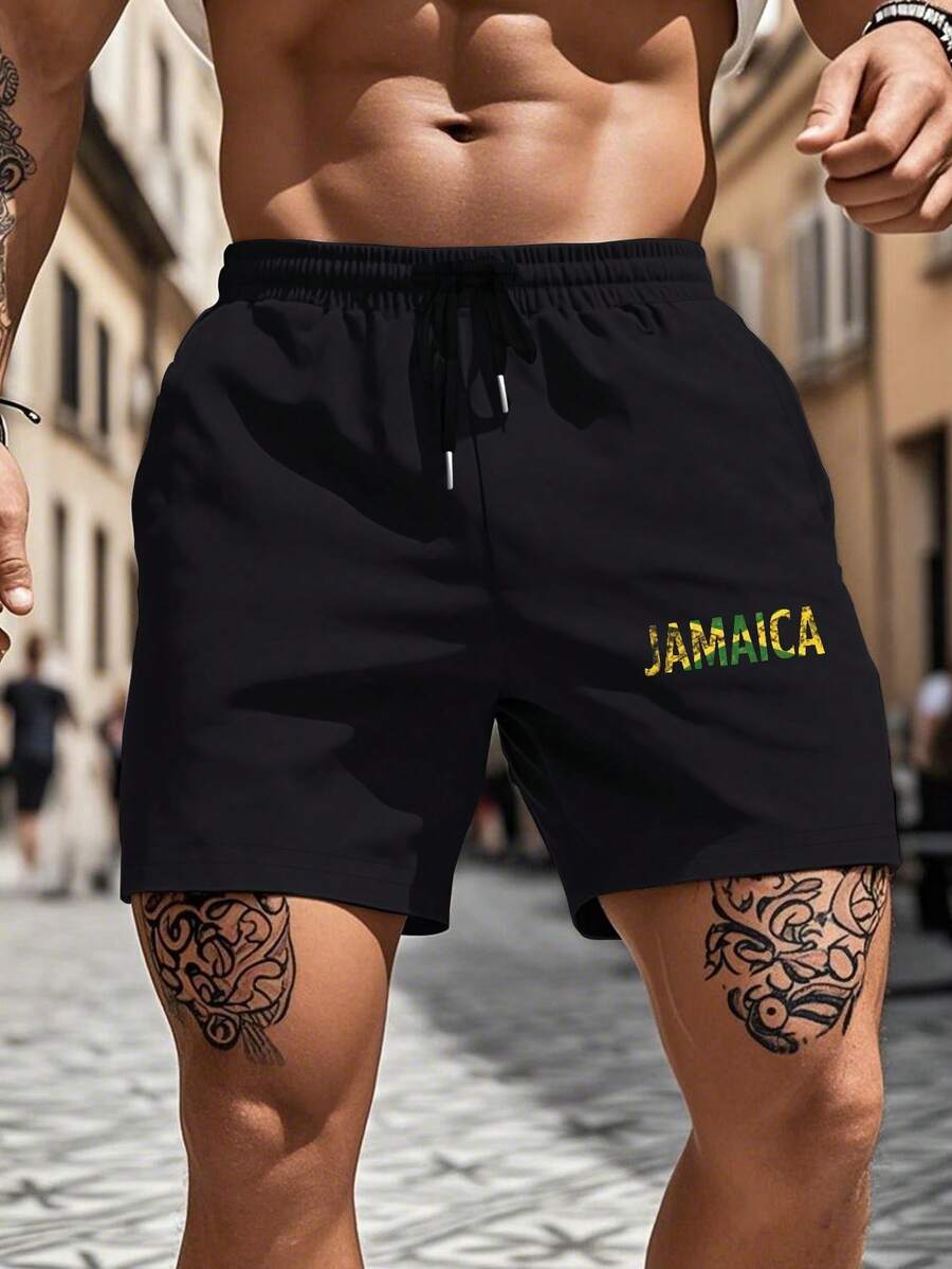 1pc Retro Men's Jamaica JAMAICA Printed Shorts, Summer Casual Loose Lightweight Sports Shorts, Comfortable Elastic Waist Bottoms, Suitable For Daily Wear, School & Streetwear - màu đen - Xem 1