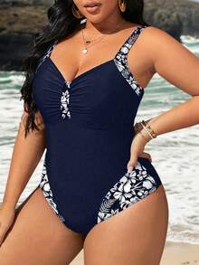 Swim Lushoire 加大码度假海滩花卉印花拼布细肩带连体泳衣夏季