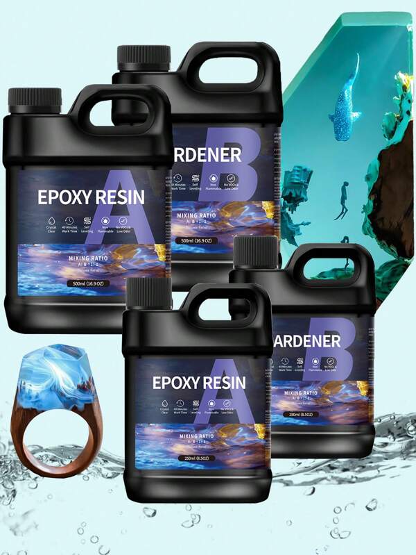 Juego de 2 botellas de 500ml/1000ml de resina epoxi AB anti-amarilleamiento y alta definición, adecuado para moldes de silicona y manualidades con resina epoxi