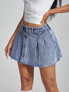 Jeanoix Denim Rock mit Lässig Knopfleiste, plissiertem Detail und Rohkante-Abschluss - Mittele Waschung - Übersicht 3