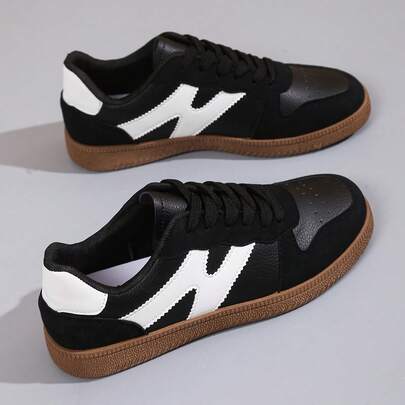 Women's Casual Sneakers, Multifunctional Fashion Flat Canvas Shoes, Non-Slip Lace-Up Round Toe Rubber Sole For Daily Wear, Black And Khaki Color Block, Size 36-41