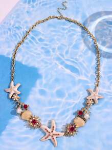 1pc Fashionable Exquisite Luxury Versatile Cute Creative Quirky Unique Shiny Bohemian Style White Starfish & Shell Necklace For Women, Suitable For Summer Beach, Party, Commute, Holiday, Vacation