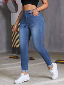 Autumn Casual Distressed Pocket Skinny Denim Jeans High Waist Roll Up Hem Skinny Jeans