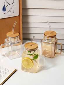 1pc Square Glass Cup With Handle, Glass Cup With Bamboo Lid And Glass Straw, Transparent Beverage Cup, Iced Coffee Cup, Beverage Can, Juice Wide Mouthed Cup, Tea, Milkshake, Reusable Tableware, For Home And Office Use, Adult, Male And Female Gifts
