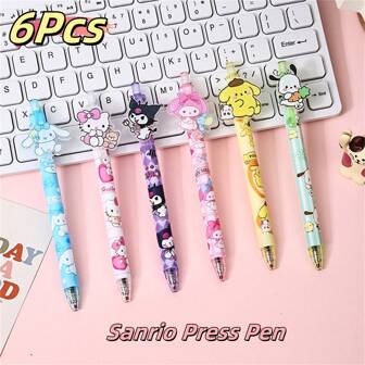 Sanrio 6Pcs Cute Neutral Pen Set With Cartoon Characters Hello Kitty, Kuromi, My Melody, Yugui Dog, Pompompurin, Pochacco, Not Only Small But Also Lightweight, Super Practical, Elegant Style, Can Be Used For Daily Homework, Marking, Signing Office, And Can Also Be Used As An Exquisite Small Gift For Relatives, Friends, And Classmates During Holidays And Parties School Supplies,Back To School