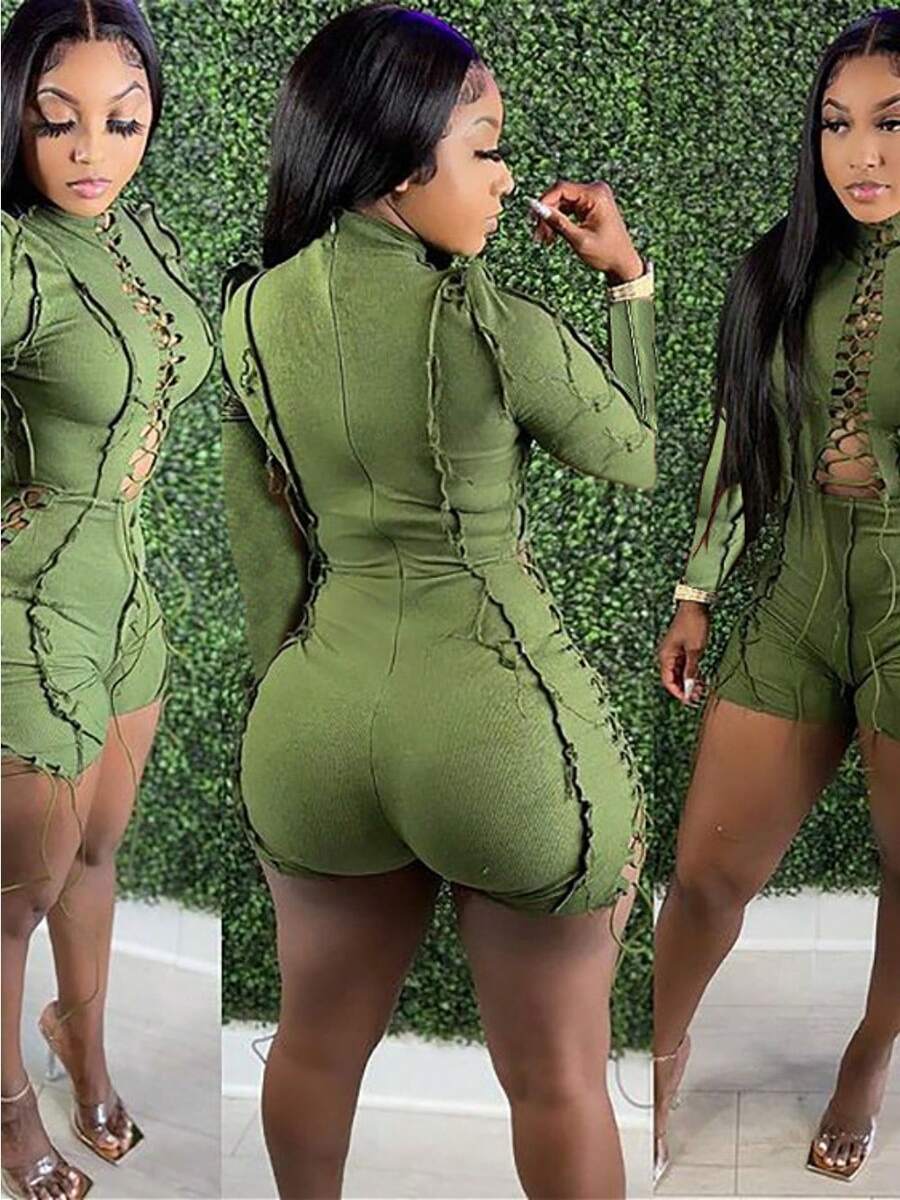 Girls' Street Fashion Sexy Patchwork Solid Color Drawstring Long Sleeved Jumpsuit - 綠色 - 查看 1