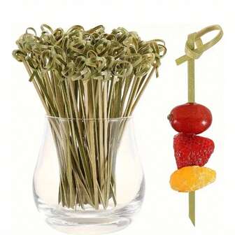 20/50/100/200pcs Knotted Bamboo Skewers, 4.7 Inch Elegant Cocktail Picks For Appetizers, Fruit, Burgers, Salmon Tasting, Handmade Knotted Bamboo Sticks For Drinks, Fruits, Foods, Baking Trays, Christmas, Wedding, BBQ Party Supplies