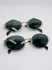 2pcs Back-To-School Metal Small Frame Oval Geometric Hexagon Pattern Fashion Glasses, Versatile High-End Driving Fashion Glasses For Women, Stylish Retro Metal Cat Eye Wide Frame Fashion Glasses For Photo, Holiday Shades - Diamond Gold Frame/full Tea + Round Silver Frame/full Gray - View 5