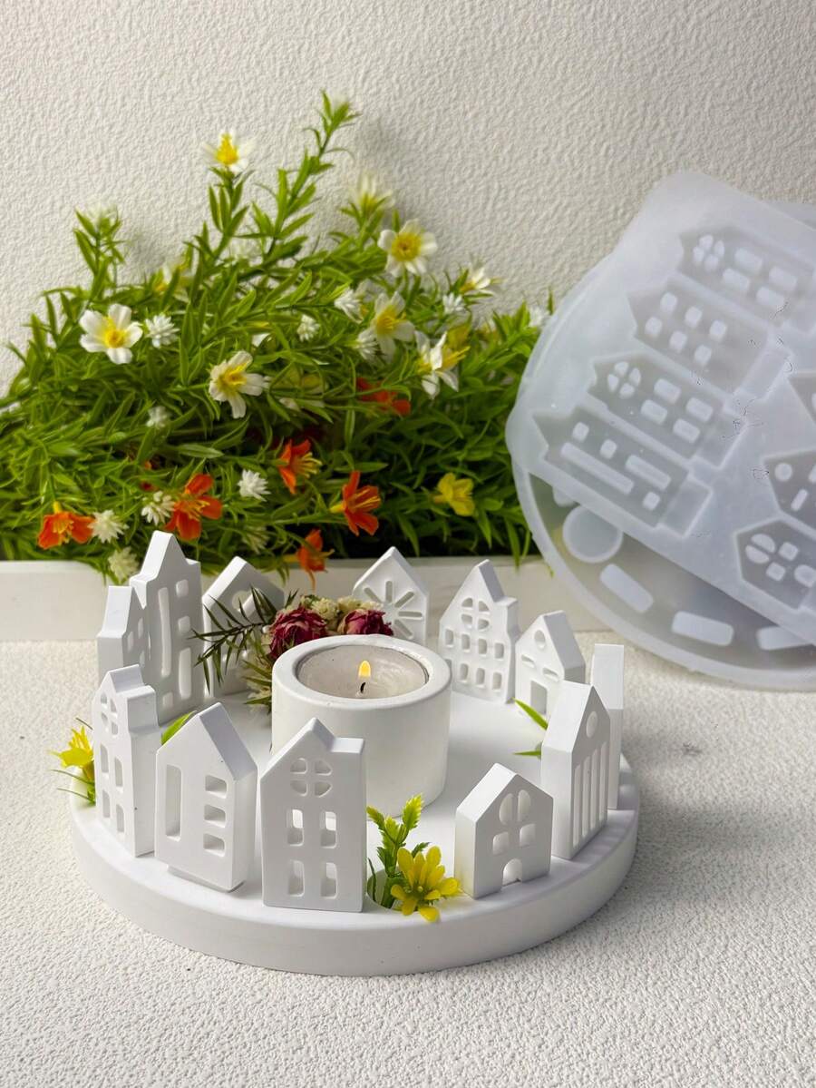 2 件/套 - 空心房屋模具和带孔圆形底座模具、DIY 创意房屋烛台石膏模具、家居装饰饰品硅胶模具、工艺品制作环氧树脂铸造模具 - 白色 - 查看 1